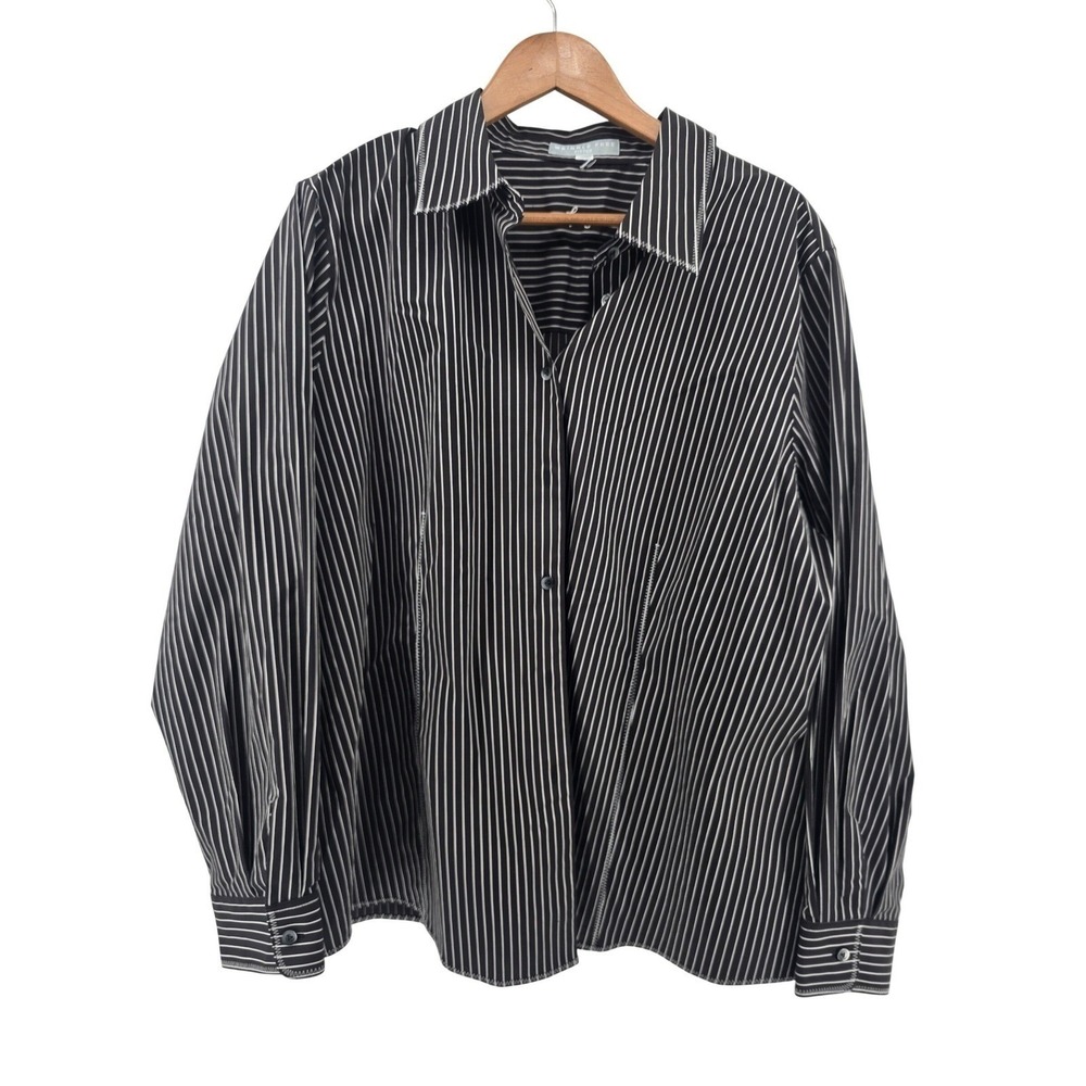 Foxcroft Button Up Shirt Womens 14 Black White Pinstripe Wrinkle Free W3184B
